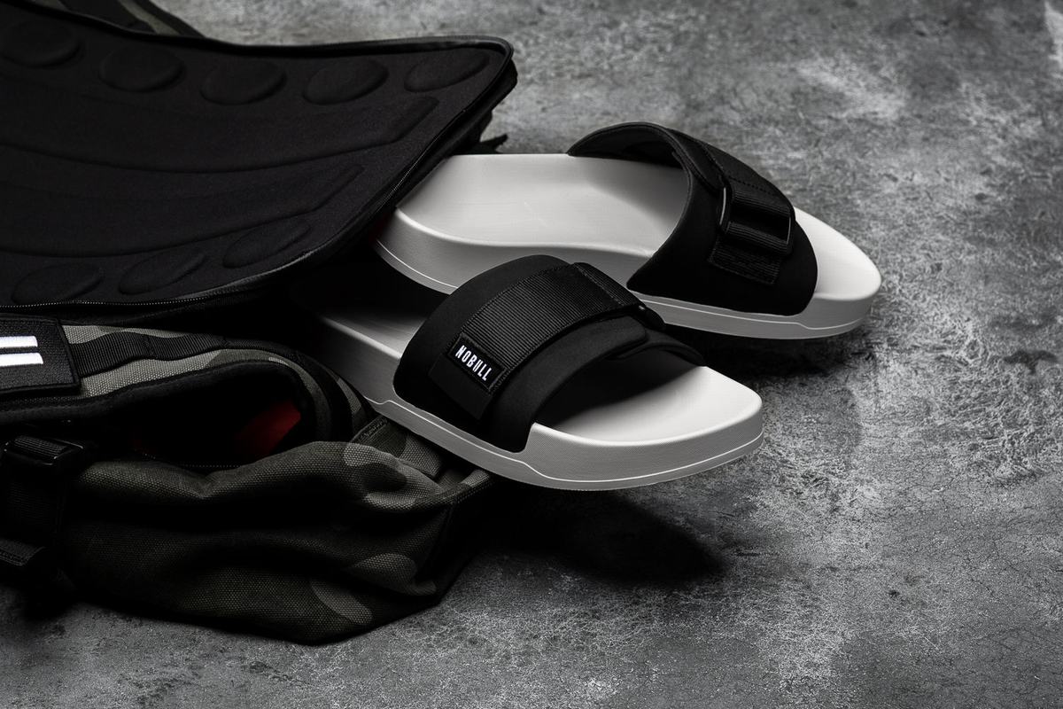 Nobull Adjustable Men's Slides Black White | Australia (TK2086)